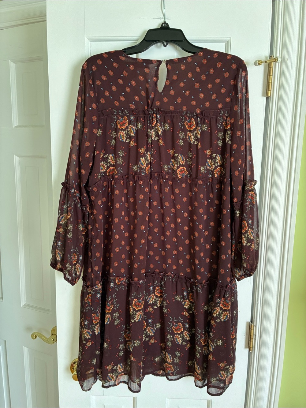 Floral Tiered Chiffon Dress - Burgundy. Size L - Picture 7 of 8